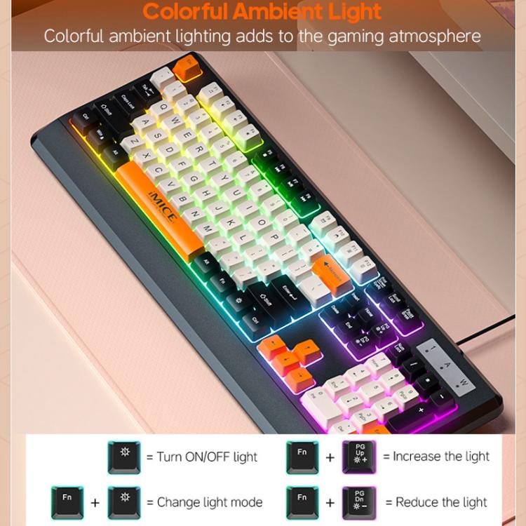 Teclado iMICE AK-100 con cable USB, retroiluminación arcoíris y teclas con bloques de color.