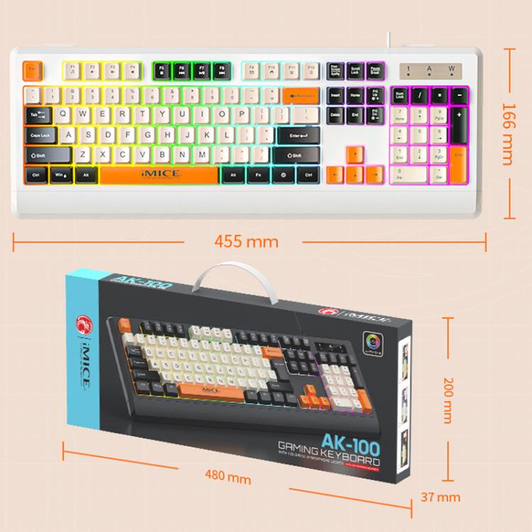 Teclado iMICE AK-100 con cable USB, retroiluminación arcoíris y teclas con bloques de color.
