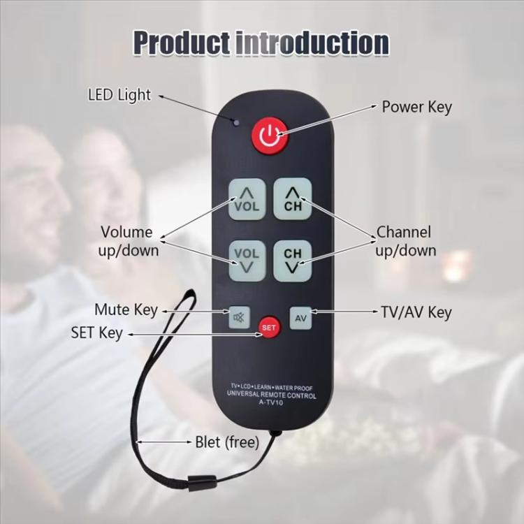 Control remoto universal A-TV10 para TV con botones luminosos de aprendizaje sencillo.