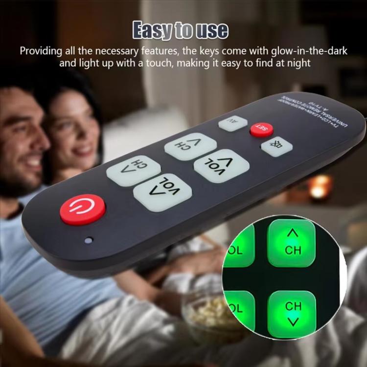 Control remoto universal A-TV10 para TV con botones luminosos de aprendizaje sencillo.