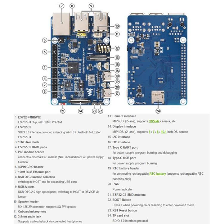 Placa de desarrollo de alto rendimiento compatible con Wi-Fi 6 y Bluetooth 5 / BLE 5., WAVESHARE ESP32-P4-WIFI6-DEV-KIT, WAVESHARE ESP32-P4-WIFI6-DEV-KIT-A, WAVESHARE ESP32-P4-WIFI6-DEV-KIT-B, WAVESHARE ESP32-P4-WIFI6-DEV-KIT-C