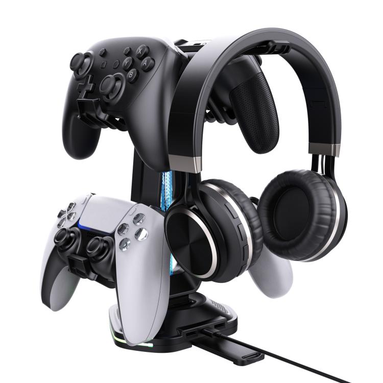 Soporte multifunción para juegos con capacidad para auriculares y 4 mandos, con dos puertos de carga USB e iluminación RGB.
