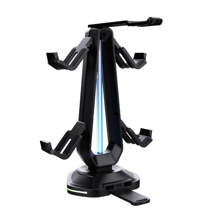 Soporte multifunción para juegos con capacidad para auriculares y 4 mandos, con dos puertos de carga USB e iluminación RGB.