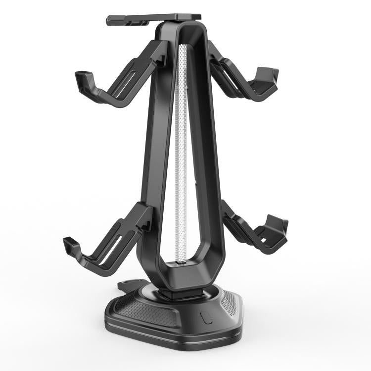 Soporte multifunción para juegos con capacidad para auriculares y 4 mandos, con dos puertos de carga USB e iluminación RGB.
