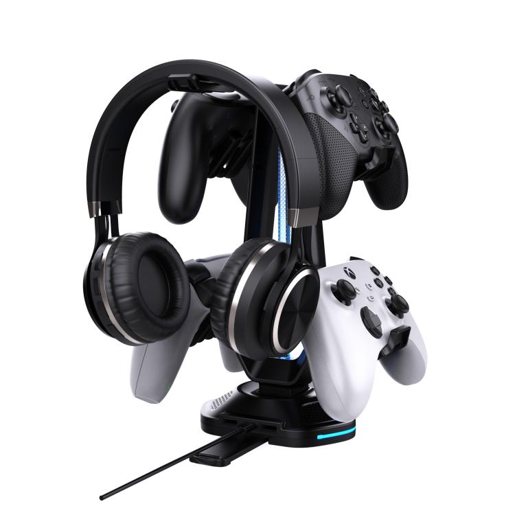 Soporte multifunción para juegos con capacidad para auriculares y 4 mandos, con dos puertos de carga USB e iluminación RGB.