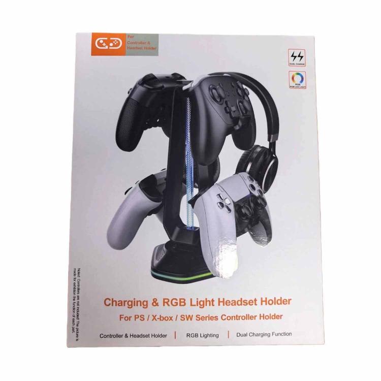 Soporte multifunción para juegos con capacidad para auriculares y 4 mandos, con dos puertos de carga USB e iluminación RGB.