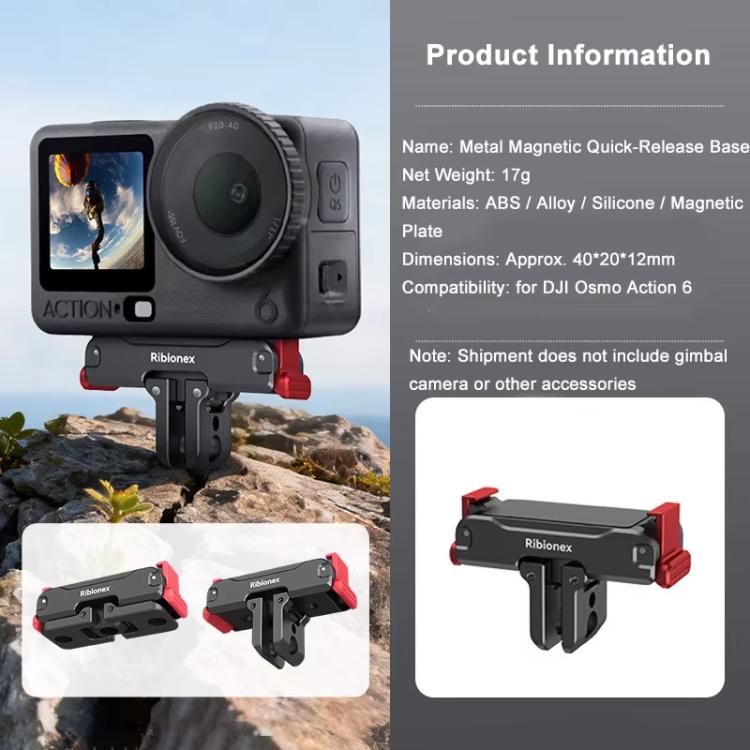 Adaptador de liberación rápida magnético de doble cara Ribionex para DJI Osmo Action 6 / Nano, con 2 garras y rosca para trípode de 1/4 de pulgada.