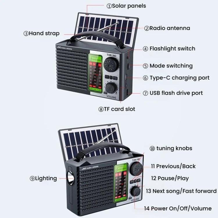 Radio solar de banda completa JOC TG-099BT-S con linterna y Bluetooth portátil, JOC TG-099BT-S