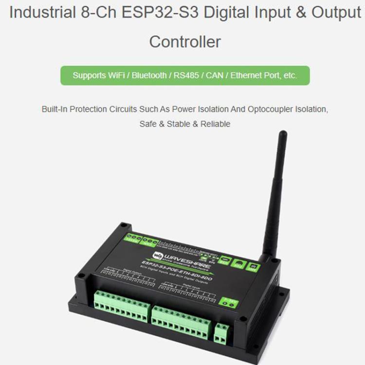 Placa de control con entrada y salida digital de 8 canales, procesador de doble núcleo Xtensa LX7 de 32 bits integrado., Waveshare ESP32-S3-POE-ETH-8DI-8DO
