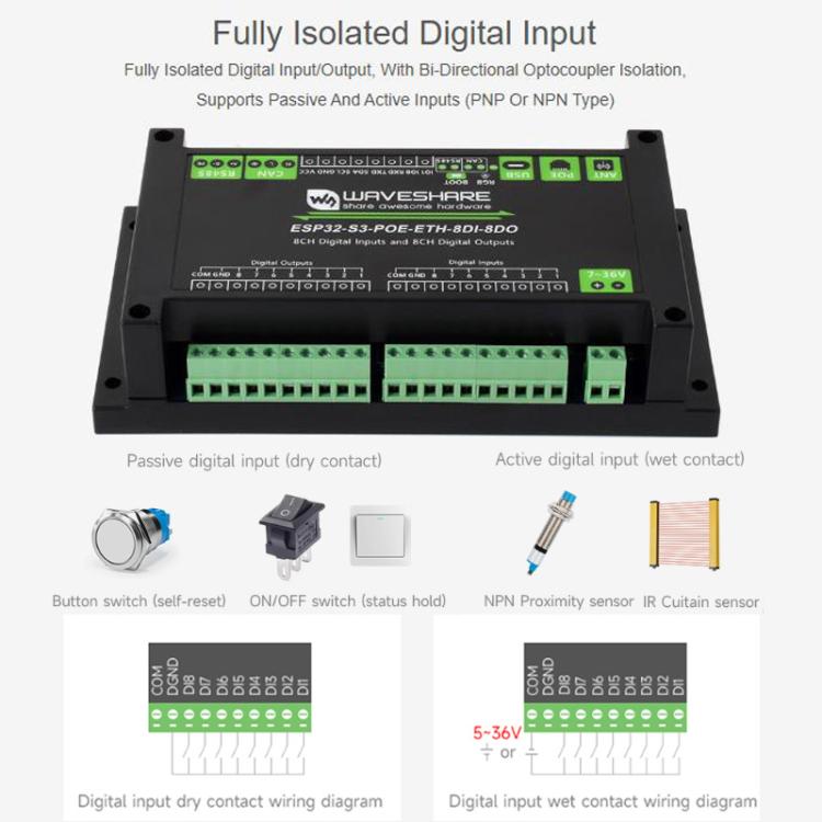 Placa de control con entrada y salida digital de 8 canales, procesador de doble núcleo Xtensa LX7 de 32 bits integrado., Waveshare ESP32-S3-POE-ETH-8DI-8DO