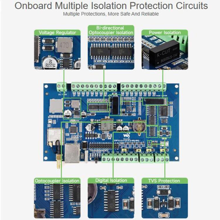 Placa de control con entrada y salida digital de 8 canales, procesador de doble núcleo Xtensa LX7 de 32 bits integrado., Waveshare ESP32-S3-POE-ETH-8DI-8DO