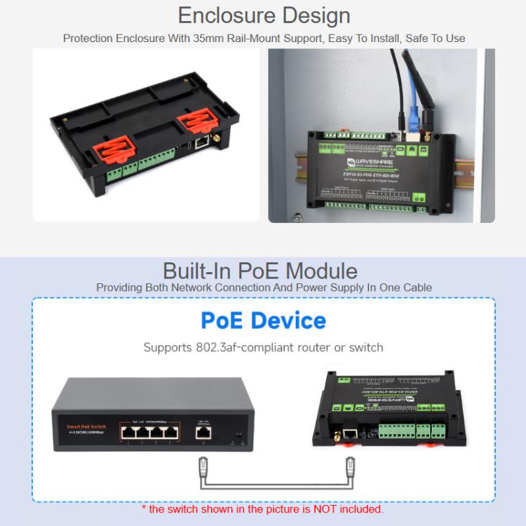 Placa de control con entrada y salida digital de 8 canales, procesador de doble núcleo Xtensa LX7 de 32 bits integrado., Waveshare ESP32-S3-POE-ETH-8DI-8DO