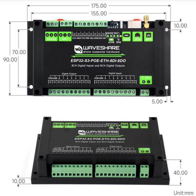 Placa de control con entrada y salida digital de 8 canales, procesador de doble núcleo Xtensa LX7 de 32 bits integrado., Waveshare ESP32-S3-POE-ETH-8DI-8DO