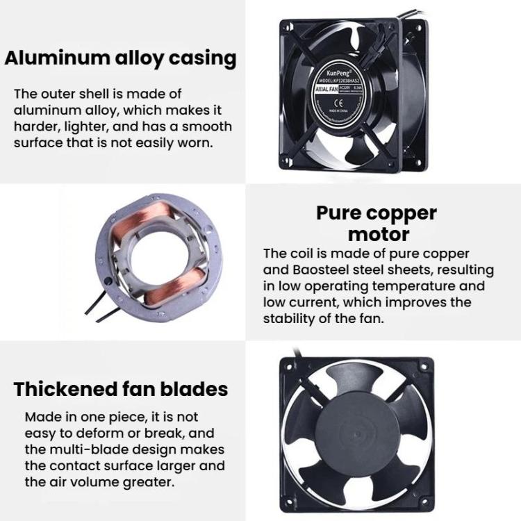 Ventilador de refrigeración industrial KunPeng KP12038HAS2 de 12 cm con cojinete impregnado en aceite para aire acondicionado., 110V, 220V, 380V