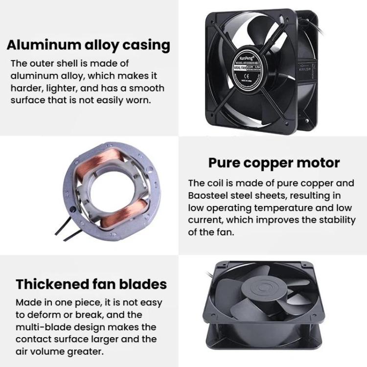 Ventilador axial KunPeng de 65 W, 20 cm, 2300 rpm, con rodamientos de bolas, flujo de CA y refrigeración para baterías., 220V, 110V, 380V