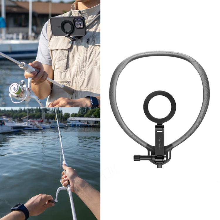 Vista frontal del teléfono con colgador magnético para el cuello de PGYTECH, P-GM-392