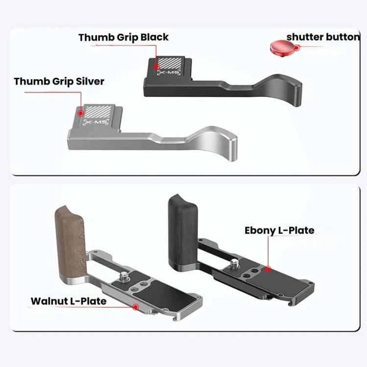 Accesorios de expansión para cámara: Base metálica de liberación rápida Arca-Swiss, For Fujifilm X-M5 Ebony L-Plate, For Fujifilm X-M5 Walnut L-Plate, For Fujifilm X-M5 Thumb Grip Black, For Fujifilm X-M5 Thumb Grip Silver