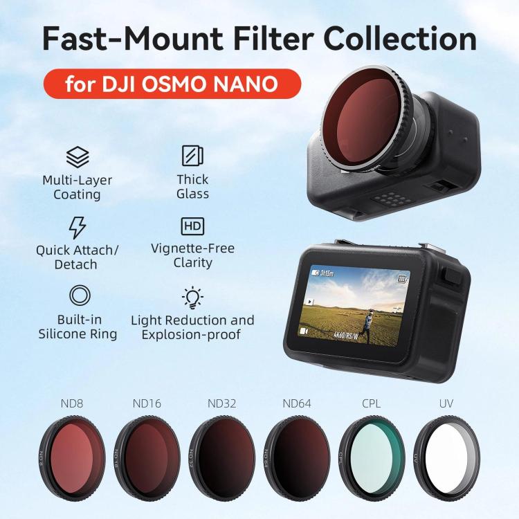 Filtro de ajuste rápido aMagisn para DJI Osmo Nano, UV, CPL, ND8+ND16+ND32+ND64, ND8+ND16+ND32+CPL