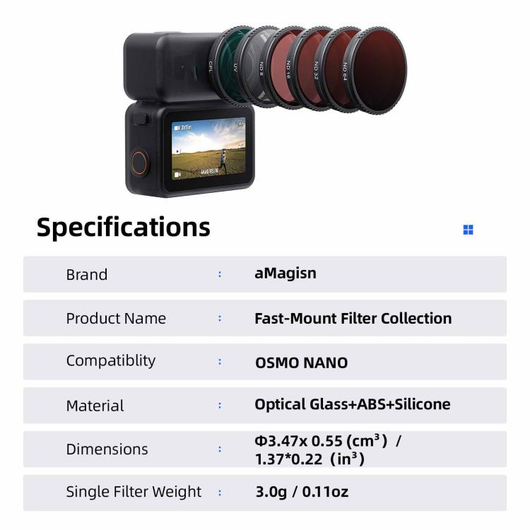 Filtro de ajuste rápido aMagisn para DJI Osmo Nano, UV, CPL, ND8+ND16+ND32+ND64, ND8+ND16+ND32+CPL