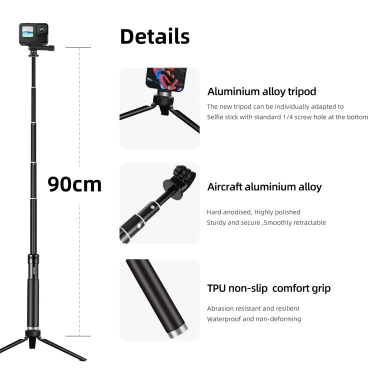 Trípode monopie para selfies TELESIN de 0,9 m, compatible con cámaras de acción y smartphones., Aluminum Alloy Tripod, Plastic Tripod