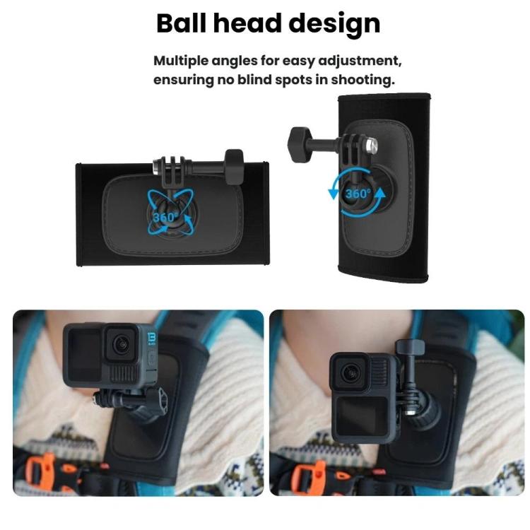 Soporte universal para correa de hombro para cámaras de acción con rótula giratoria de 360 grados para grabación POV manos libres.