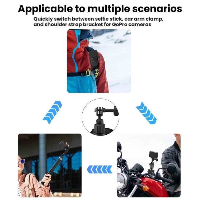 Soporte universal para correa de hombro para cámaras de acción con rótula giratoria de 360 grados para grabación POV manos libres.