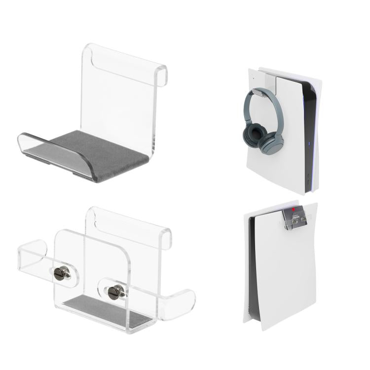 Colgador superior acrílico con doble gancho para consola PS5, ideal para guardar el mando, los auriculares y el disco duro.