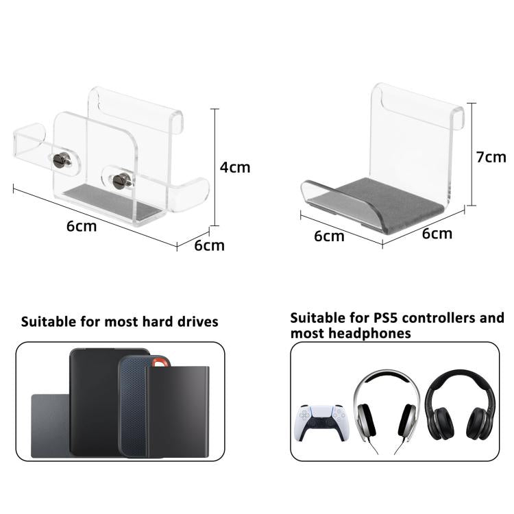 Colgador superior acrílico con doble gancho para consola PS5, ideal para guardar el mando, los auriculares y el disco duro.