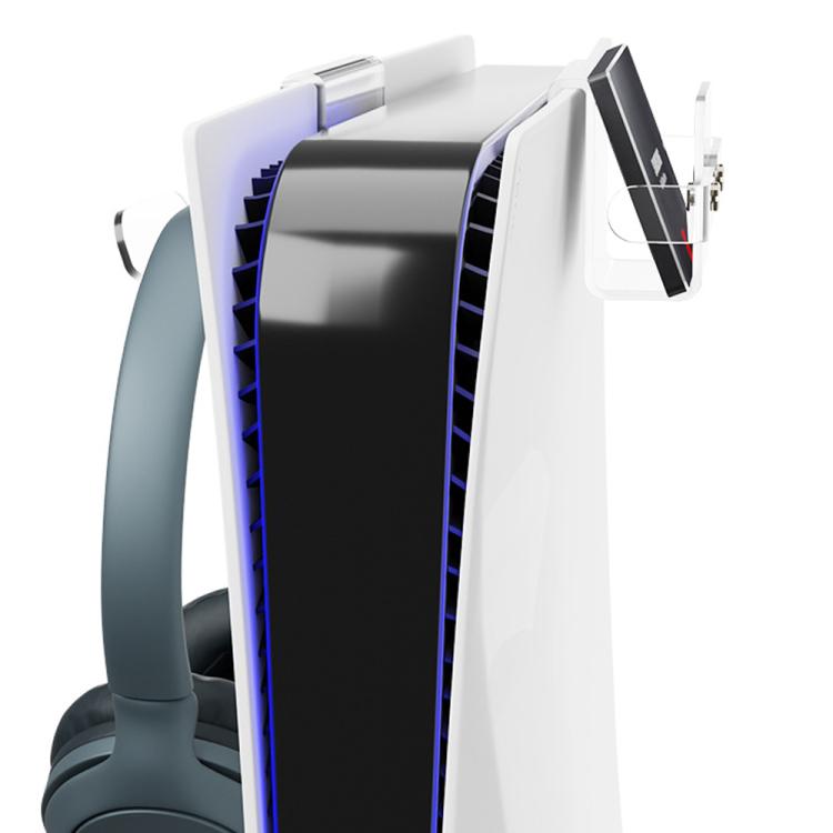 Colgador superior acrílico con doble gancho para consola PS5, ideal para guardar el mando, los auriculares y el disco duro.