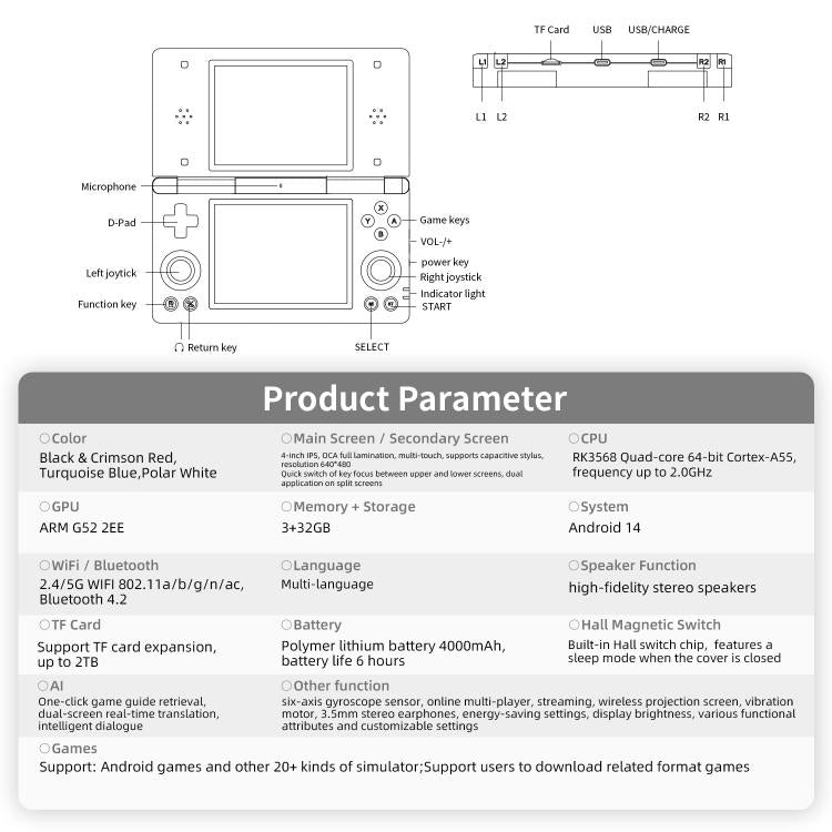Consola de juegos portátil ANBERNIC RG DS Flip de doble pantalla con pantalla táctil IPS de 4 pulgadas y dispositivo de juegos con IA (3+32 GB)