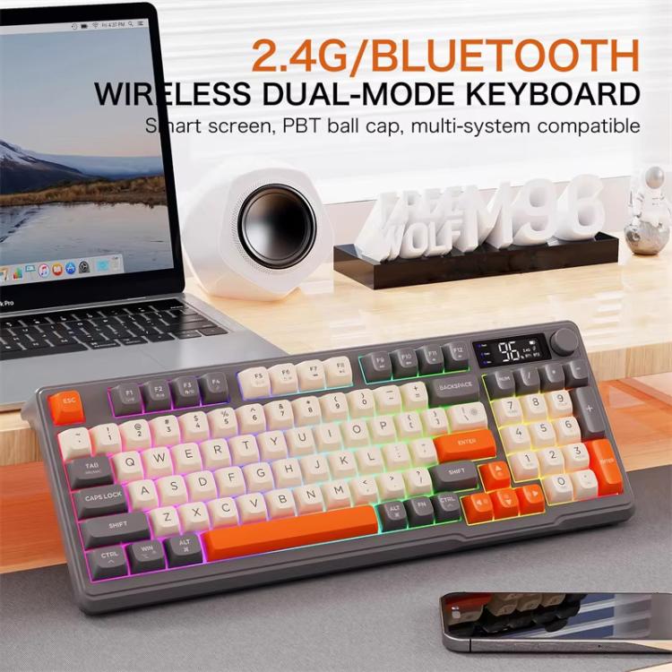 Teclado ruso inalámbrico Bluetooth de modo dual FREE WOLF M96 con pantalla tipo cúpula PBT para juegos