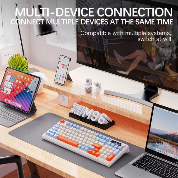 Teclado ruso inalámbrico Bluetooth de modo dual FREE WOLF M96 con pantalla tipo cúpula PBT para juegos