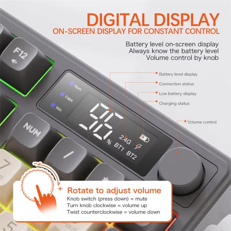 Teclado ruso inalámbrico Bluetooth de modo dual FREE WOLF M96 con pantalla tipo cúpula PBT para juegos