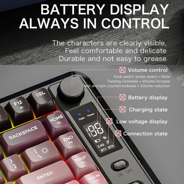 Teclado mecánico inalámbrico Bluetooth de modo dual FREE WOLF M75 para Rusia con teclas PBT degradadas y pantalla.