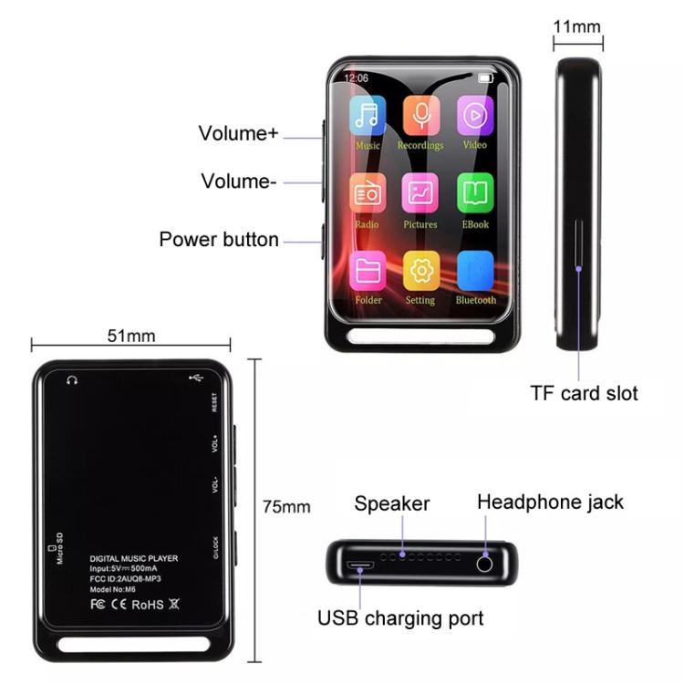 Reproductor de música portátil MP3 M6 Bluetooth 5.0 con altavoz, radio FM y lector de libros electrónicos, 4GB, 8GB, 16GB, 32GB, 64GB