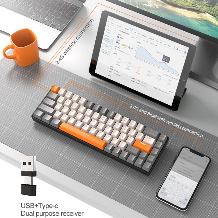 Teclado mecánico portugués ZIYOULANG K68 con Bluetooth y conexión por cable.