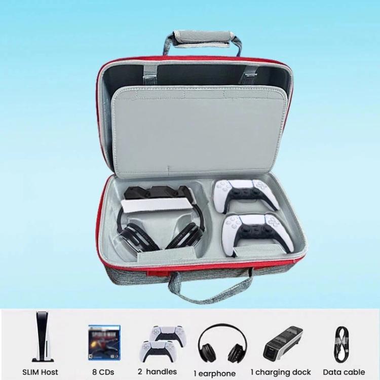 Funda de transporte para consola PS5 Slim y accesorios con compartimento para auriculares y bolsa de almacenamiento de doble capa.