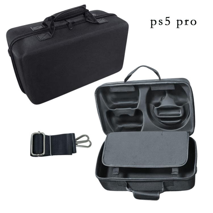 Funda de transporte para consola PS5 Pro y accesorios con compartimento para auriculares y bolsa de almacenamiento de doble capa.