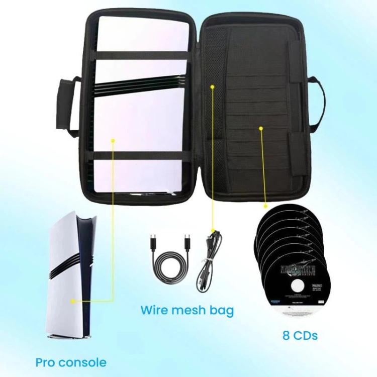 Funda de transporte para consola PS5 Pro y accesorios con compartimento para auriculares y bolsa de almacenamiento de doble capa.