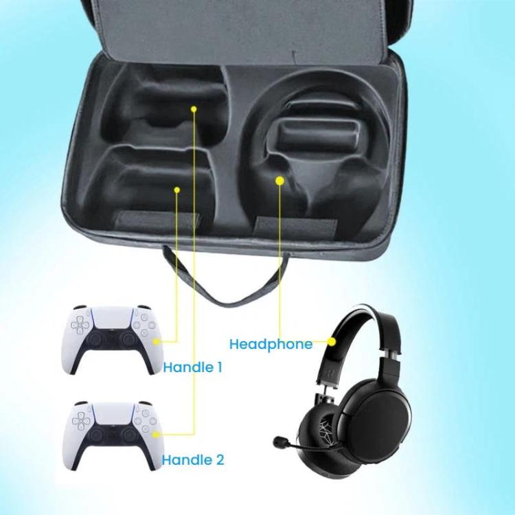 Funda de transporte para consola PS5 Pro y accesorios con compartimento para auriculares y bolsa de almacenamiento de doble capa.