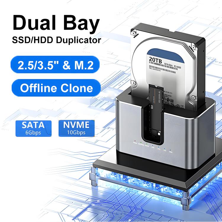 Carcasa para discos duros SATA de doble bahía Blueendless HD01N de 2,5/3,5 pulgadas, lector de SSD M.2 NVMe y dispositivo de clonación sin conexión., US Plug, EU Plug, UK Plug