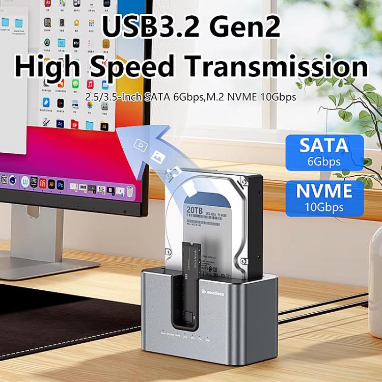 Carcasa para discos duros SATA de doble bahía Blueendless HD01N de 2,5/3,5 pulgadas, lector de SSD M.2 NVMe y dispositivo de clonación sin conexión., US Plug, EU Plug, UK Plug