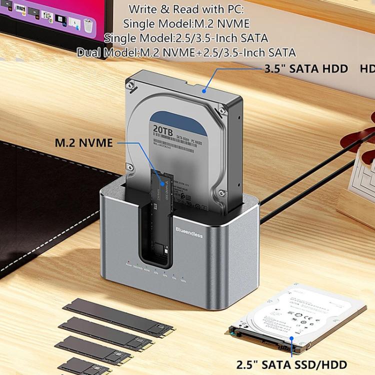 Carcasa para discos duros SATA de doble bahía Blueendless HD01N de 2,5/3,5 pulgadas, lector de SSD M.2 NVMe y dispositivo de clonación sin conexión., US Plug, EU Plug, UK Plug