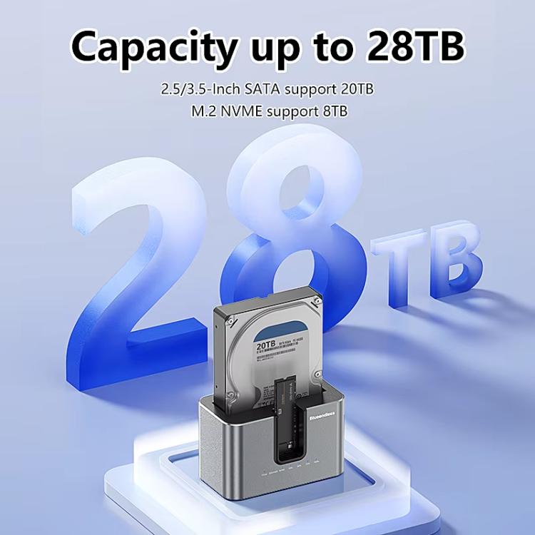 Carcasa para discos duros SATA de doble bahía Blueendless HD01N de 2,5/3,5 pulgadas, lector de SSD M.2 NVMe y dispositivo de clonación sin conexión., US Plug, EU Plug, UK Plug