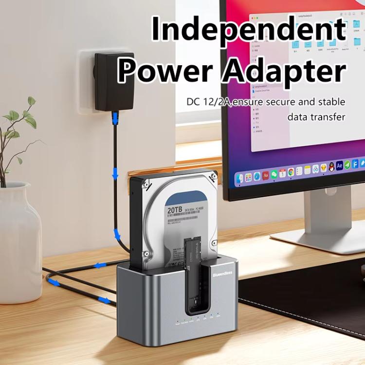Carcasa para discos duros SATA de doble bahía Blueendless HD01N de 2,5/3,5 pulgadas, lector de SSD M.2 NVMe y dispositivo de clonación sin conexión., US Plug, EU Plug, UK Plug