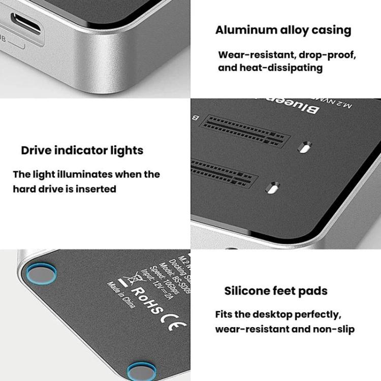 Carcasa para unidades SSD NVMe/SATA de doble bahía M.2 Blueendless SD09, US Plug, EU Plug, UK Plug