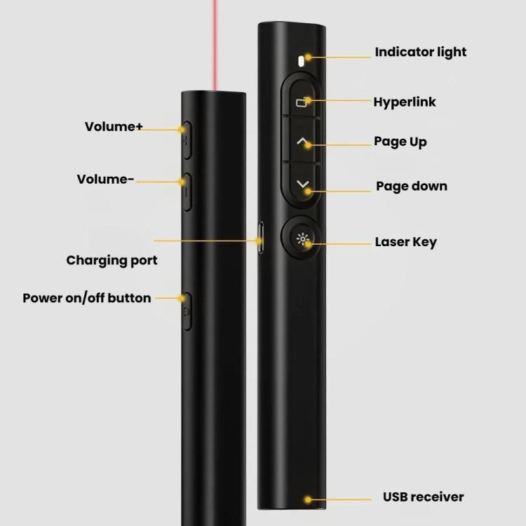 Mando a distancia recargable con puntero láser rojo para presentaciones, alcance inalámbrico de 100 m y receptor USB magnético.