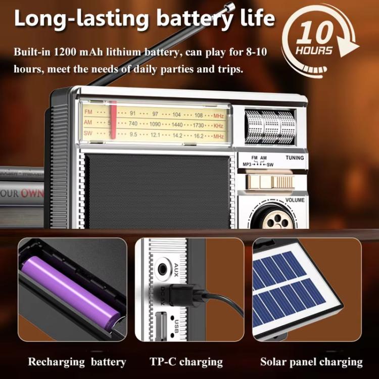 Altavoz Bluetooth portátil MD-979S con alimentación solar, antena exterior multifunción y radio.