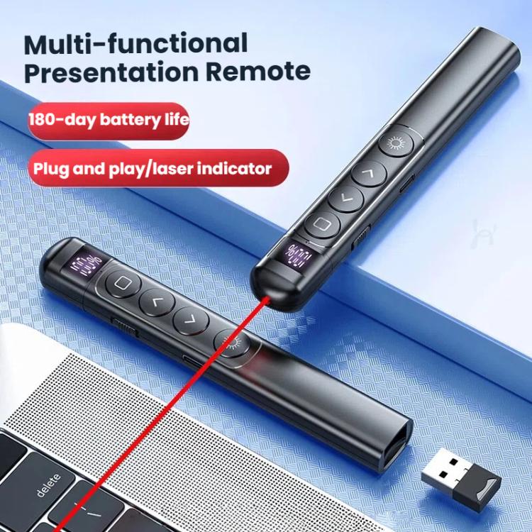 Puntero láser remoto recargable con pantalla digital para presentaciones, RF de 2,4 GHz y alcance de 100 m.