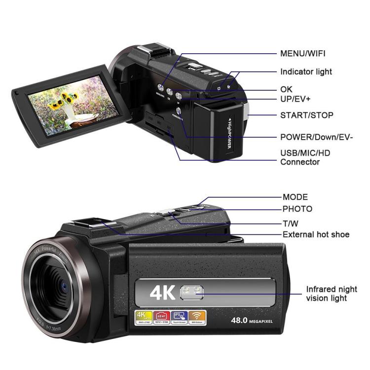 Videocámara digital portátil HD 4K con estabilización electrónica de imagen para deportes al aire libre, enchufe estadounidense., Standard, Standard+32G Memory Card, Standard+64G Memory Card, Standard+128G Memory Card